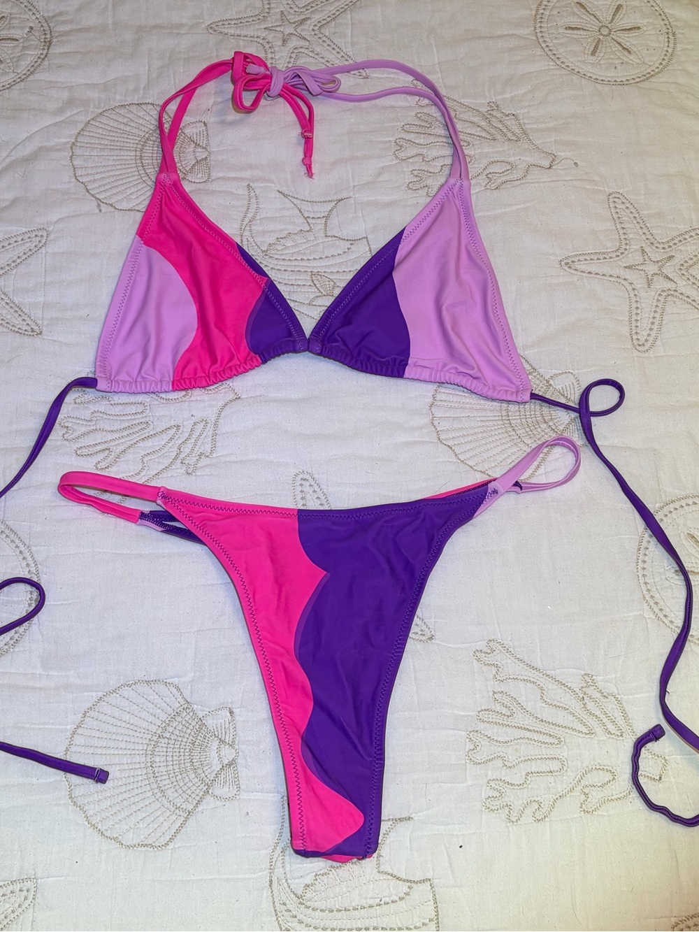 Super Sexy Colorblock Triangle Bikini Top & Thong Bottom In Pink & Purple. M/L